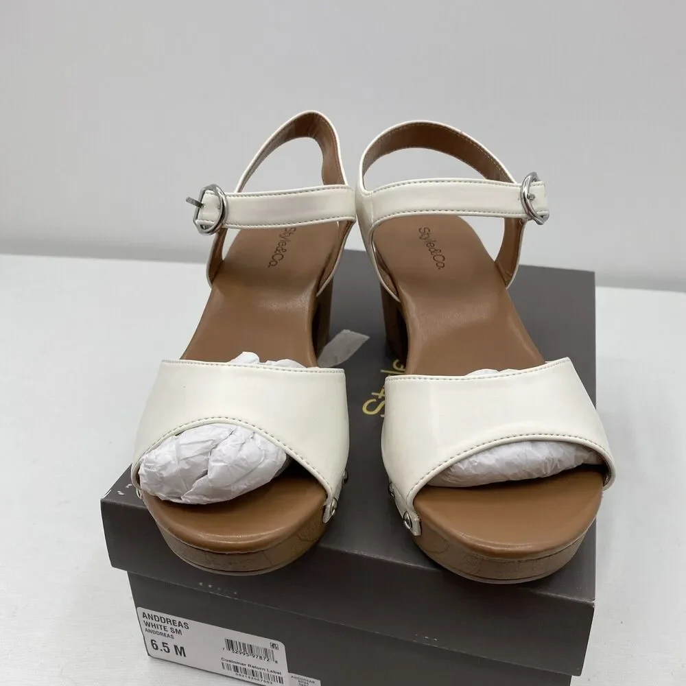 Style & Co. Womens Anddreas Faux Leather Heel Sandals White 6.5 Medium (B,M)